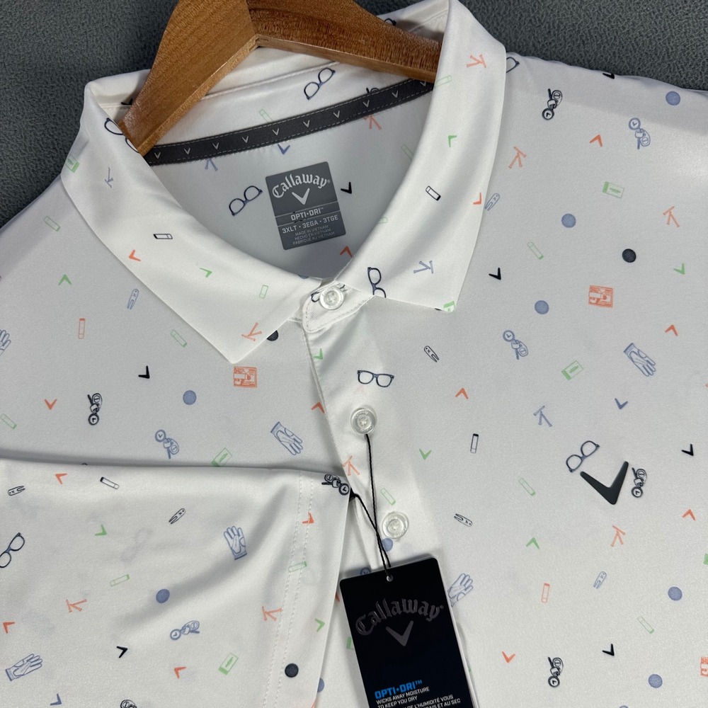 Callaway Polo Shirt Mens 3XLT White Geometric Opti Dri Performance Golf New